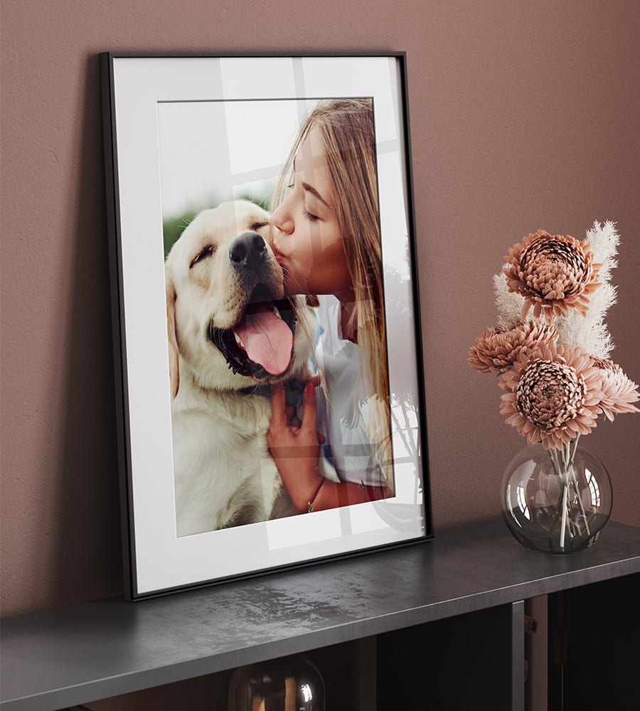 Afbeelding van een hond op een ingelijste foto