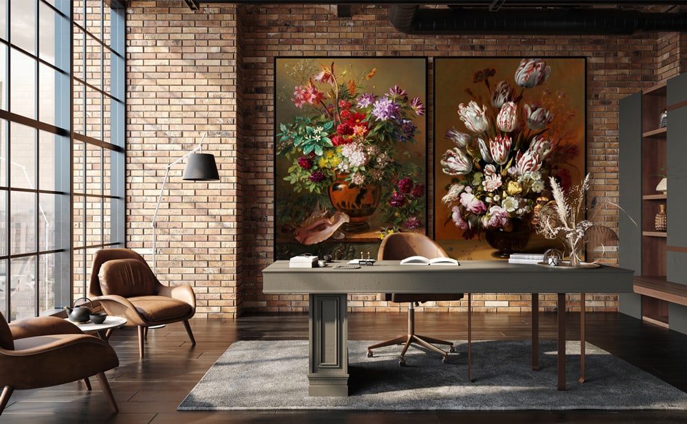 Twee foto's op canvas hangend in een kantoor ruimte
