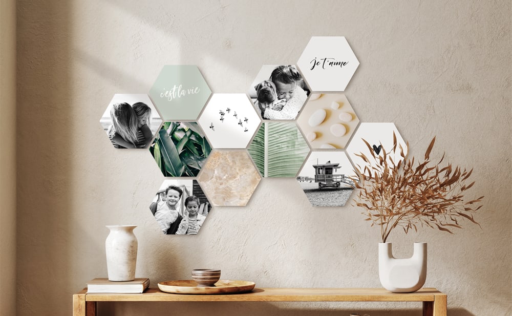 Shapes® muurcollage met modulaire hexagon fototegels — creatief, flexibel en eenvoudig uit te breiden voor een persoonlijk design.