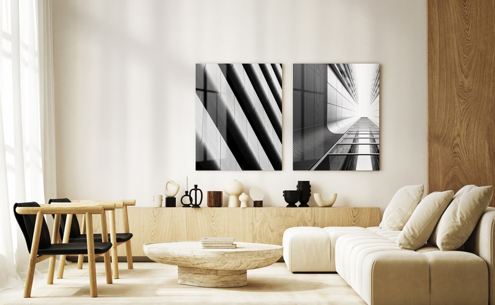Moderne HD Metal wanddecoratie met strakke zwart-wit architectuurprints — glanzend, stijlvol en perfect voor een eigentijds interieur.