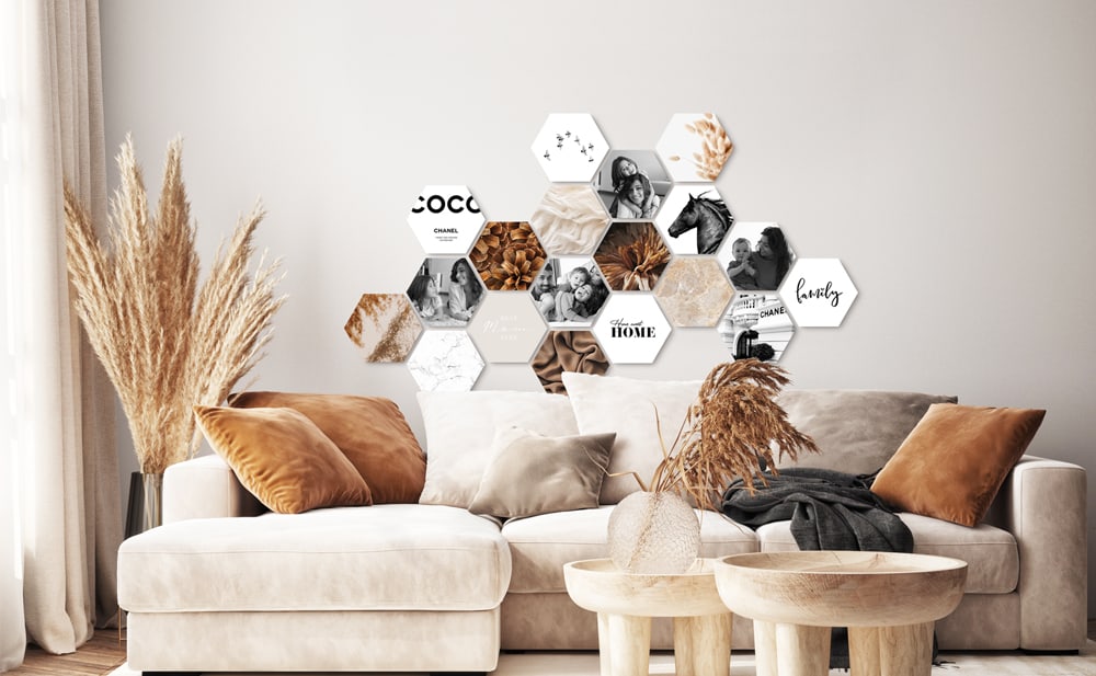 Shapes® muurcollage met modulaire hexagon fototegels — creatief, flexibel en eenvoudig uit te breiden voor een persoonlijk design.
