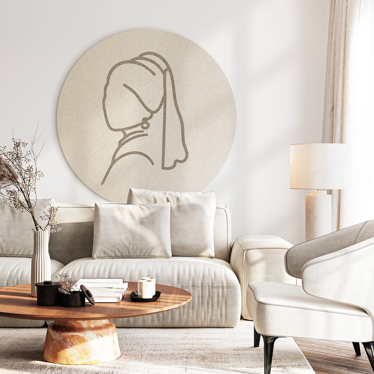 Een Stone Taupe met Water Chestnut accent Contrast Vilt Art als kunst in kamer